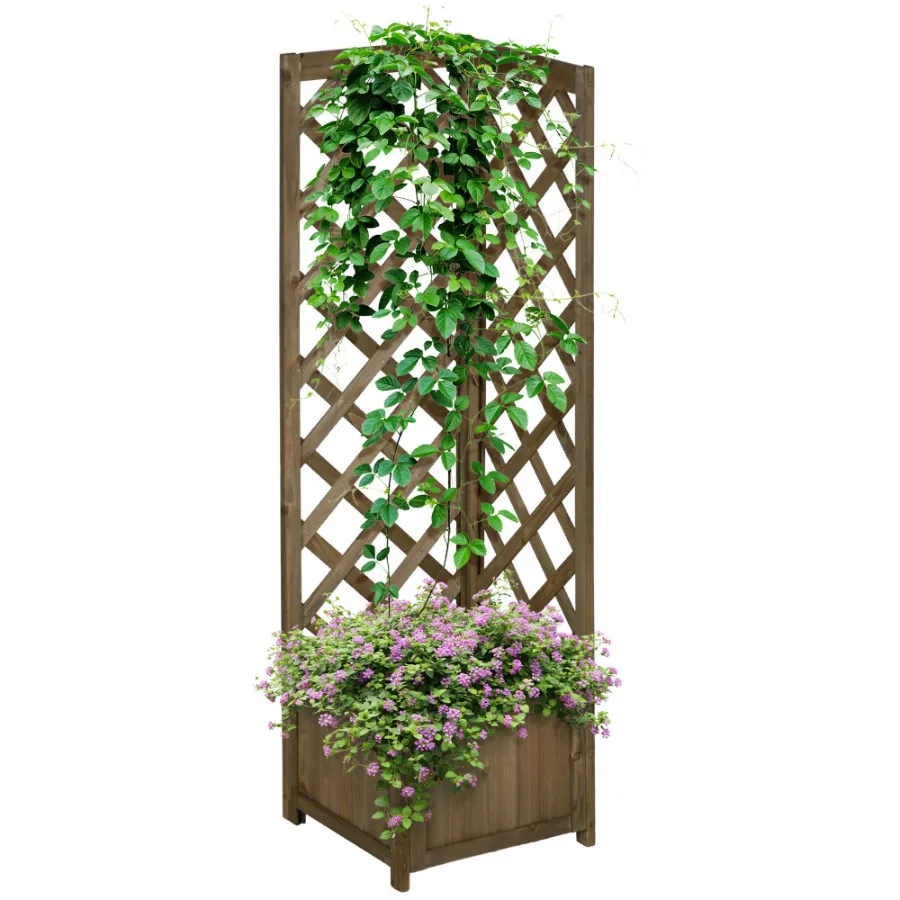 

Carbonized Wooden Raised Garden Bed with Trellis for Climbing Plants Vegetables: Outdoor Use, Carbonized Wood, Natural Brown, R