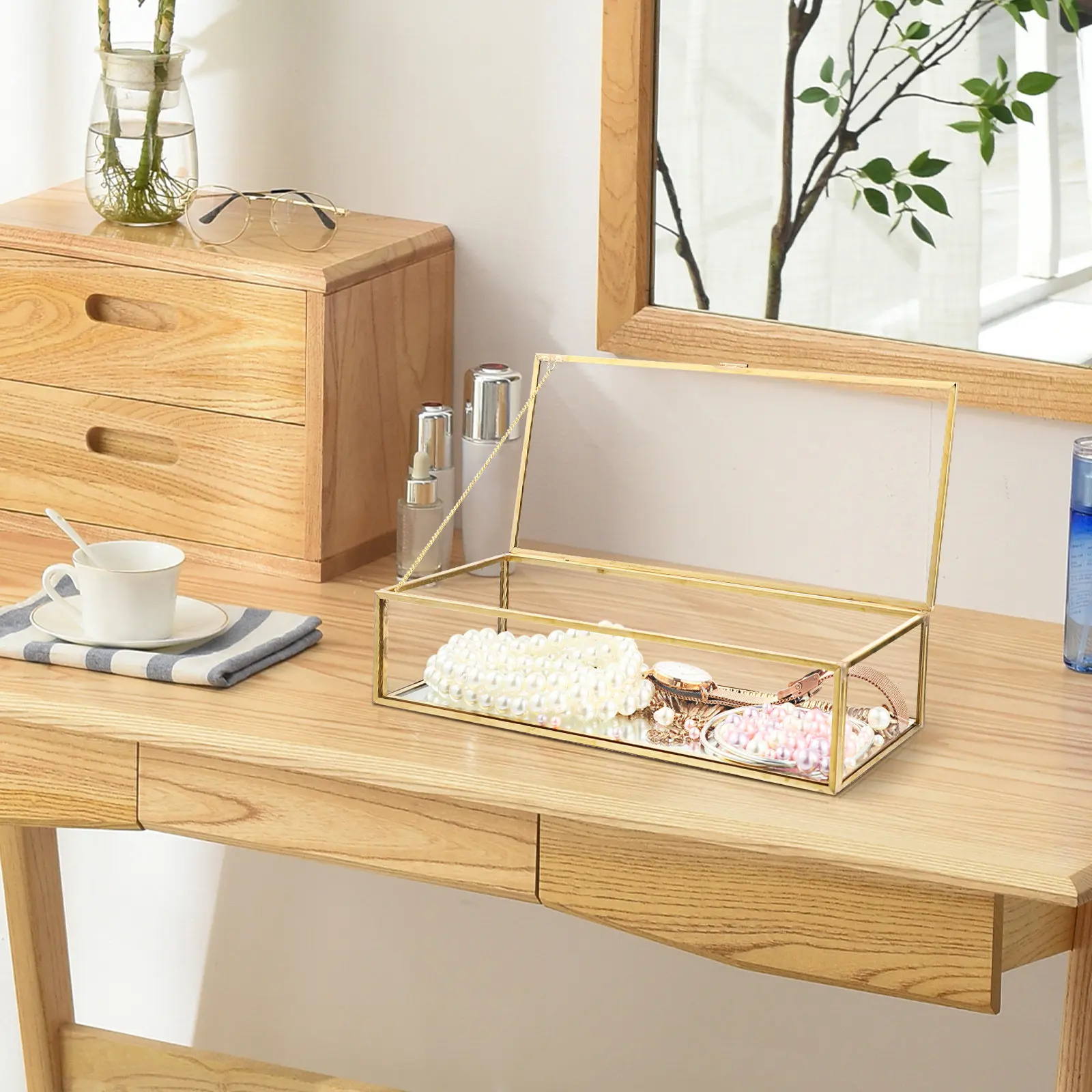 

Glass Jewelry Box Thick Glass Mirrored Bottom Jewelry Storage Organizer Case for Earrings Necklaces Bracelets Display Home