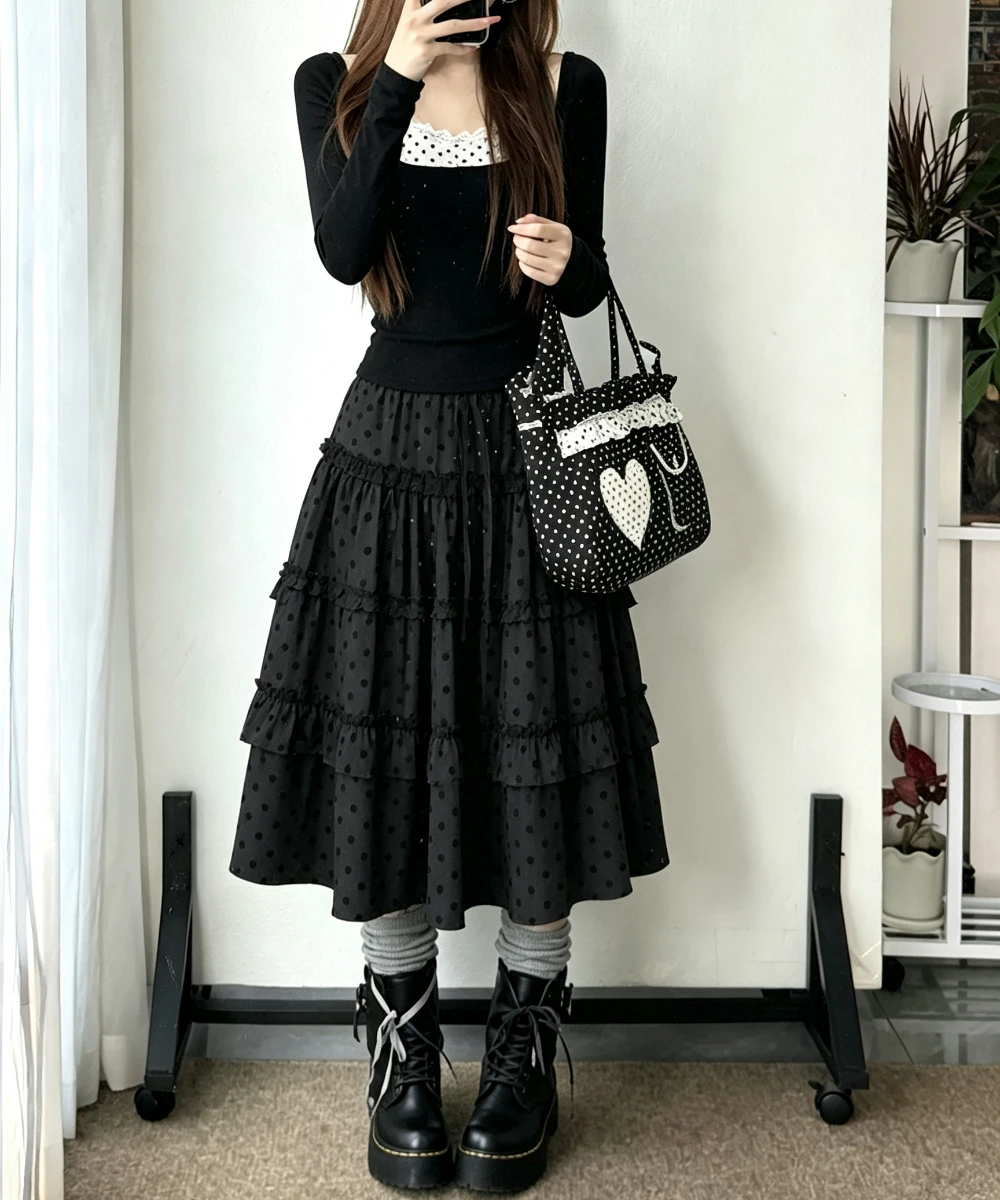 Vintage Alt Style 2 Piece Set Spicy Girl Outfit Slim Fit Patchwork Tops Sweet Polka Dot A‑line Skirt Korean Daily Fashion Suit