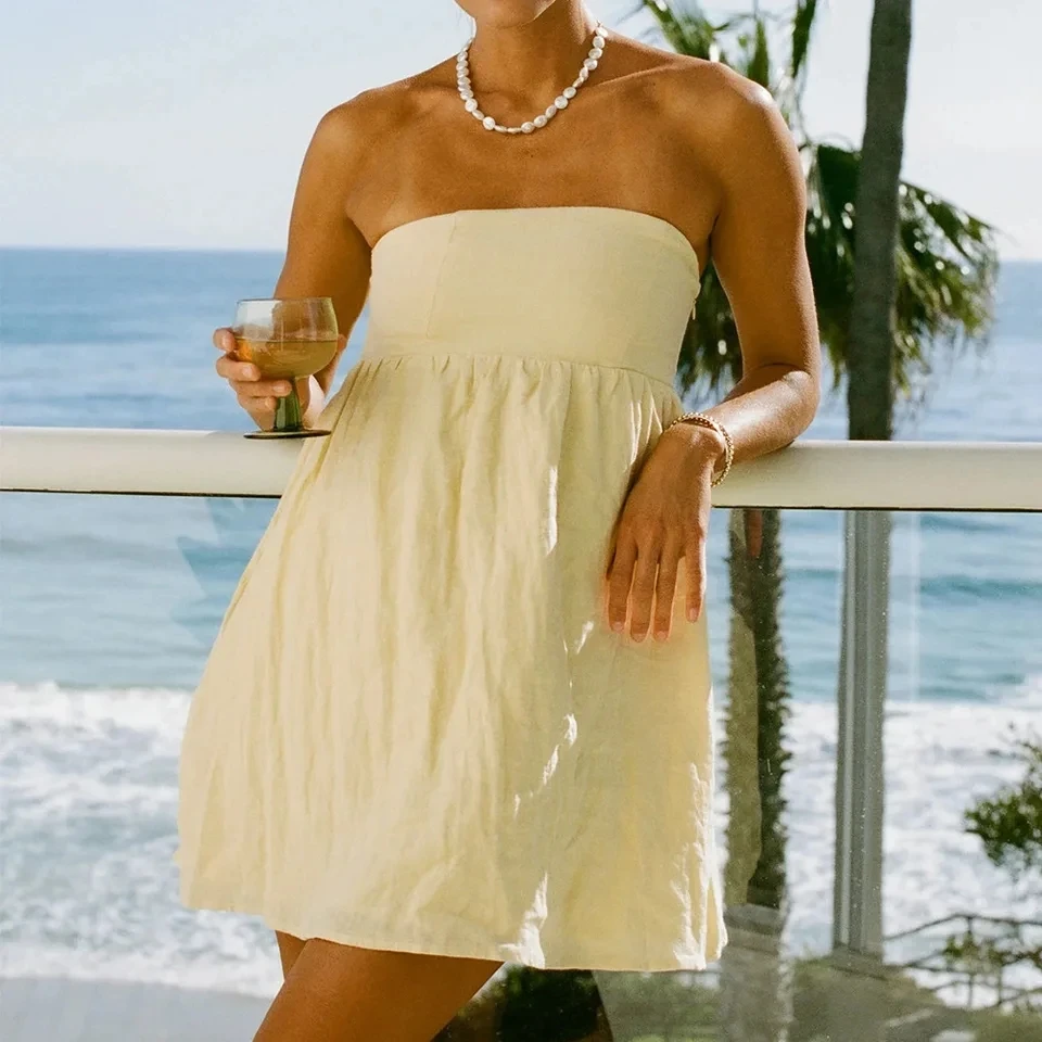 

2026 Spring Summer New Womens Cotton Tube Top Dress Beach Vacation Style Fashion Loose Short A Line Dress