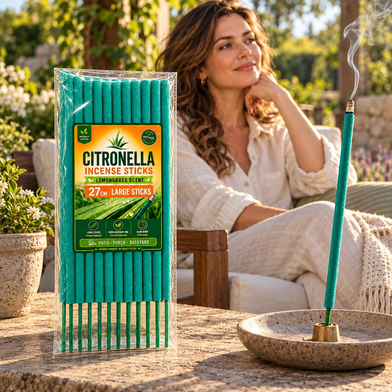 Large Garden Lemongrass Incense Stick, 27cm Long-Lasting and Rich Outdoor Fragrances, Lemongrass, Mint, Rosemary Fresh Herbal Scents, Slow-Burning Large Incense Stick, Lasts Approximately 1.5-2 Hours, Suitable for Patio Dinners.