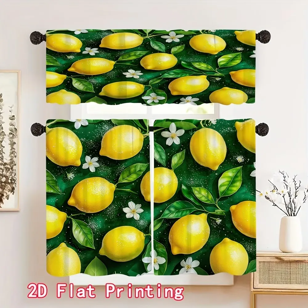 Floral Kitchen Curtains, Green Yellow Lemon Flower, Digital Print, Kitchen Dining Room, Rod Pocket Polyester, Home Decor