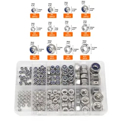 175pcs 304 Stainless Steel Nuts and Metric Locknut Kits M3 M4 M5 M6 M8 M10 Metric Nylon Insert Lock & Hex Nut Set
