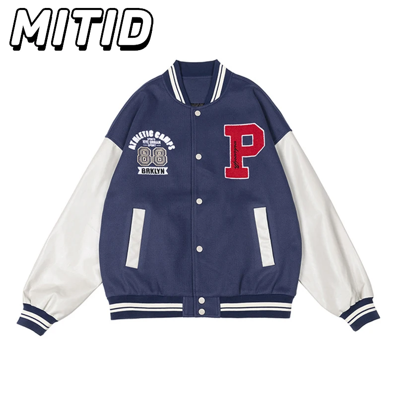 

Spring Autumn Baseball Jacket Men Casual Loose Letters Embroidery Single Breasted Varsity Jacket Women Patchwork Color Coat Men