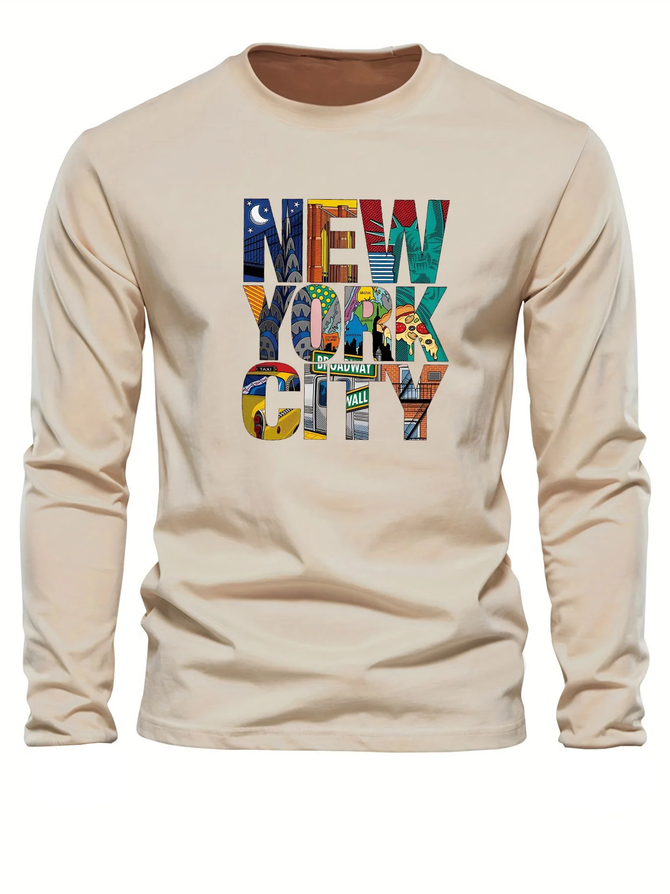 100% Pure Cotton Men's Long Sleeved Round Neck Loose Casual New York City Letter Printed Spring and Autumn Versatile T-Shirt Top