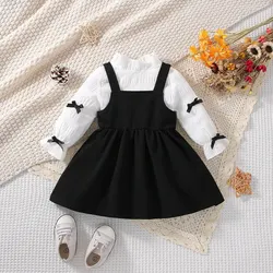 2-Piece Baby Girl Spring and Autumn Sweet New Style Beautiful Casual White Long Sleeve Black Strap Skirt Comfortable