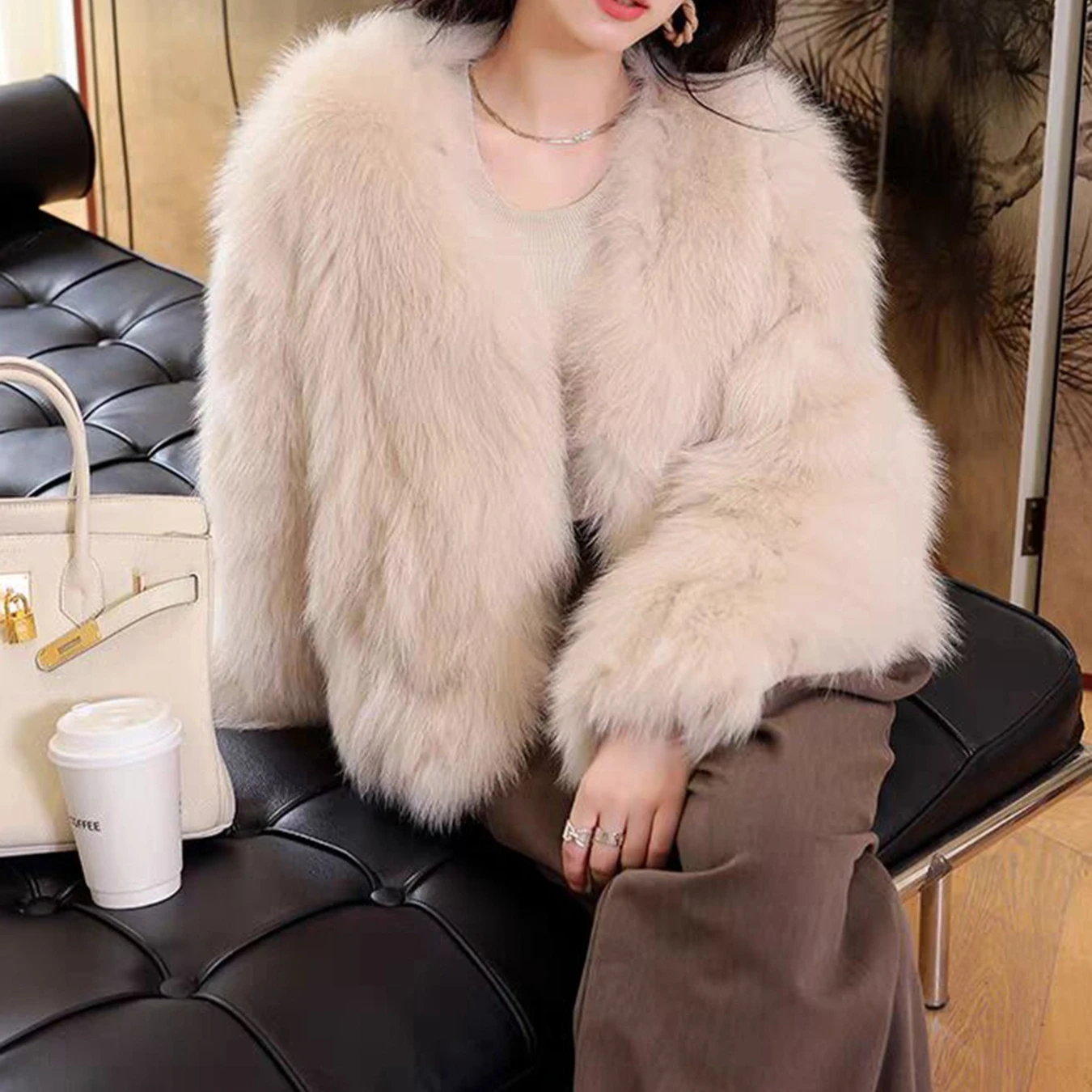 인조 모피 코트 여성용 솔리드 퍼 재킷 긴 소매 브이넥 버튼 두꺼운 따뜻한 퍼 캐주얼 오피스 레이디 2025 가을 겨울