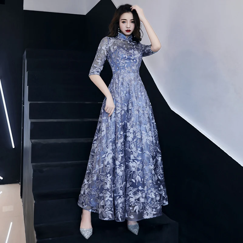 Vintage High Neck Lace Evening Gowns With Half Sleeves A-line Long Evening Dresses For Women