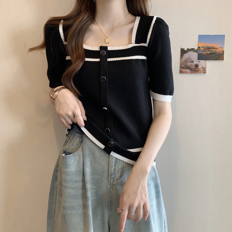 plus Size Square Collar Short Sleeve T-Shirt Women Summer Slimming Belly Covering Anti-Aging Top Fashionable Commute Style