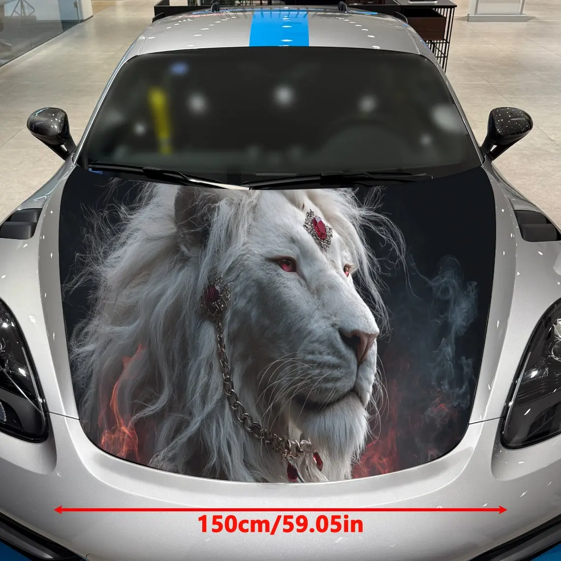 Fiery Lion Brave Exploration Charm PVC Car Hood Wraps, Self-Adhesive Waterproof Car Bonnet Decal Sticker, Car Decoration Protect