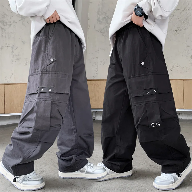 

2025 Spring Autumn Children Casual Cargo Pants with Side Pocket for Teenage Boys Loose Straight Trousers Kids Sports Sweatpants