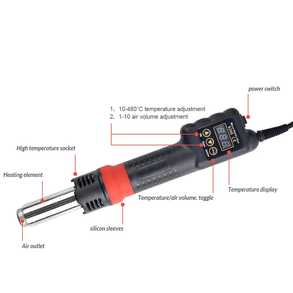 Imagem -02 - Jcd-hot Air Gun 8208 Estação de Solda Micro Retrabalho Secador de Cabelo Lcd Digital 220v Pistola de Calor 750w Ferramentas de Reparo de Soldagem