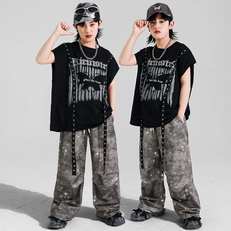 Jazz danse scène porter garçons noir haut de danse Shuffle pantalon Hip Hop pantalon enfants rue danse tenue mode Streetwear 1896