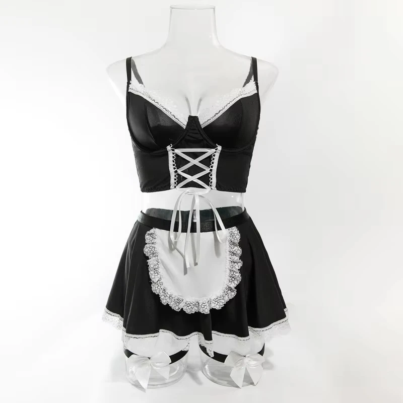 

Bikini with seductive lace straps, waist cincher, leg garters, role-playing maid costume