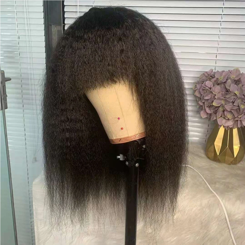 Perucas Afro Kinky Straight com Franja para Mulheres Negras, Cabelo Humano Yaki, Peruca Franja, Itália, Pronto a Vestir