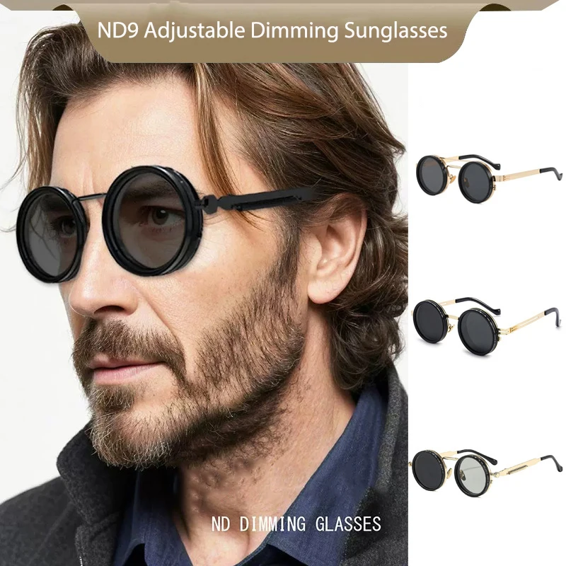 

Steampunk ND9 Adjustable Dimming Polarized Sunglasses Men Small Round Metal Frame Punk Sun Glasse For Male Fishing Eyewear UV400