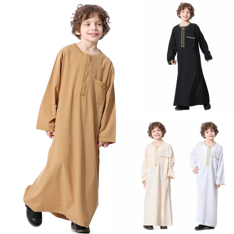 Bata musulmana cómoda para niños, de manga larga con cuello redondo caftán, ropa musulmana para adolescentes, Abaya, Oriente Medio, Jubba, Thobe