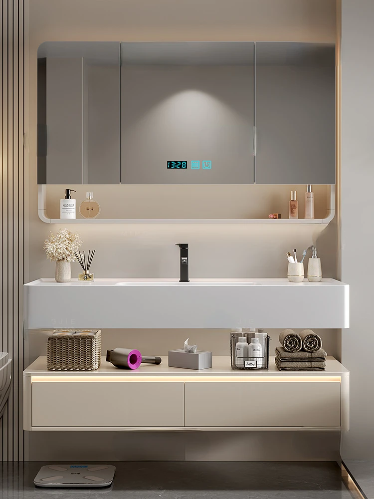 Bathroom Cabinet Integrated Basin Intelligent Light Luxury Wash Table Cream Wind Hand Washbasin Cabinet Combination