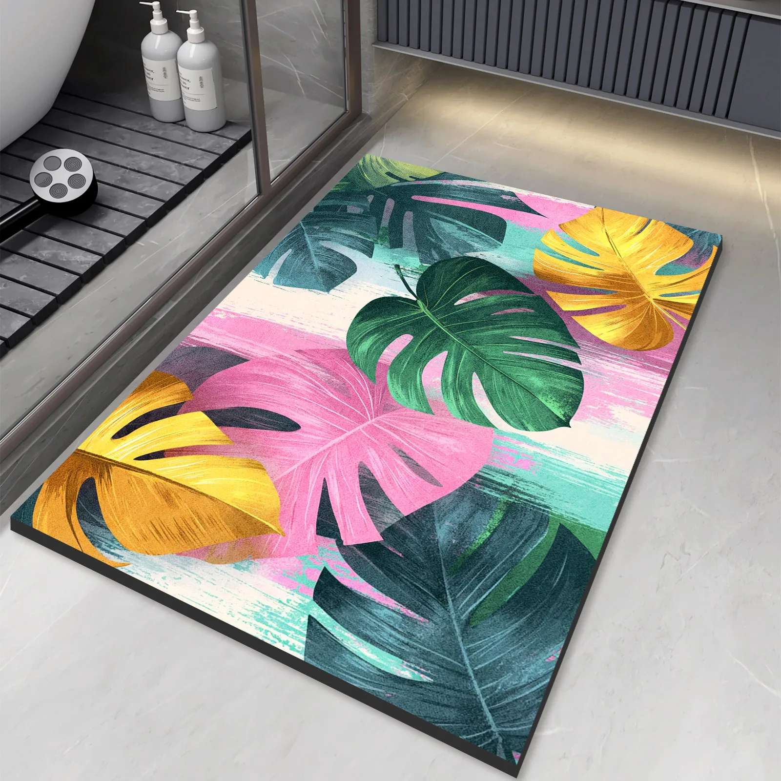 Tropical Leaf Print Bathroom Bath Mat Super Absorbent Shower Carpet Floor Foot Mats Non Slip Quick Dry Toilet Room Rugs Washable