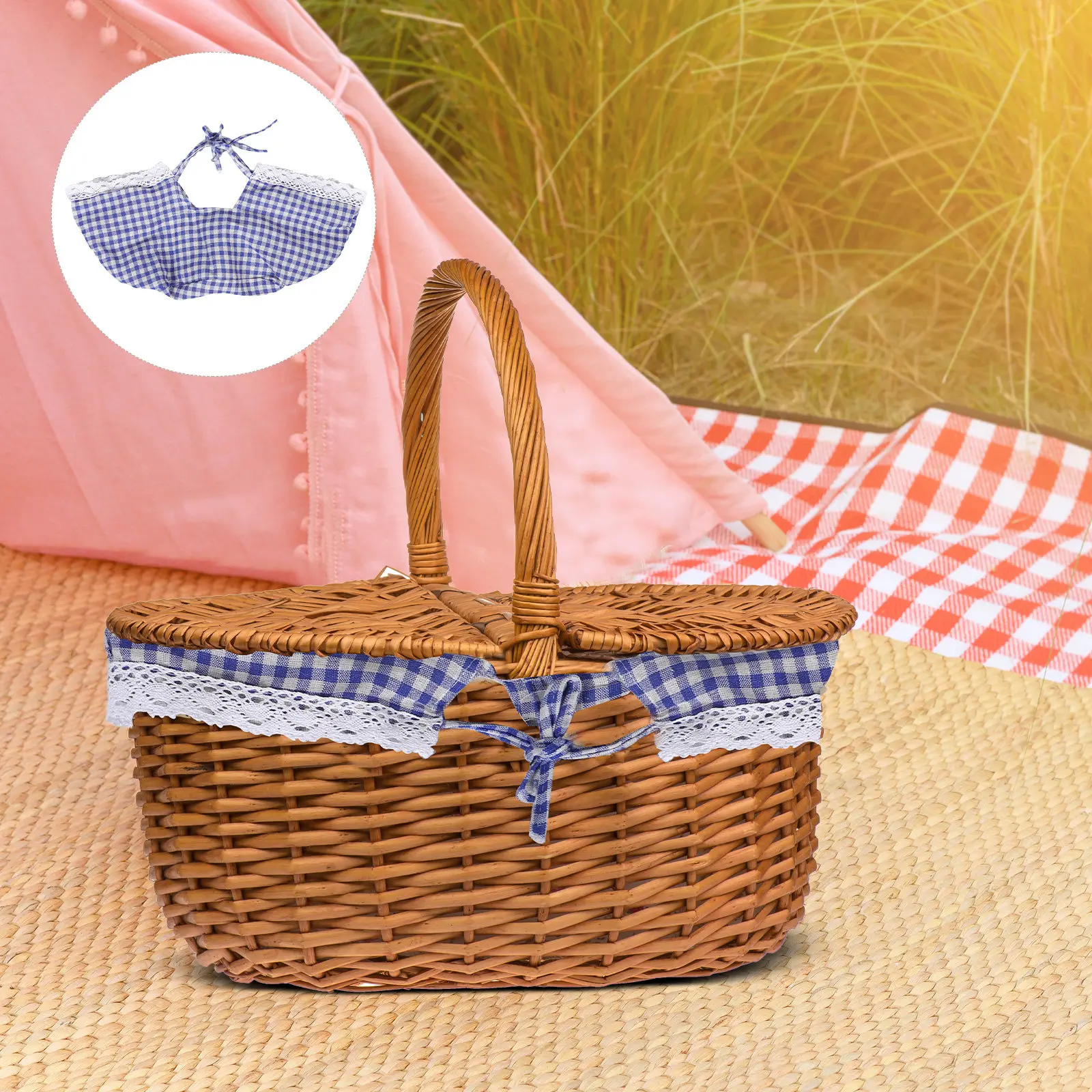 2Pcs Picnic Basket Liners Boho Farmhouse Replacement Cloth Insert Fitted Washable Reusable Basket Liner for Wicker Rattan Wire