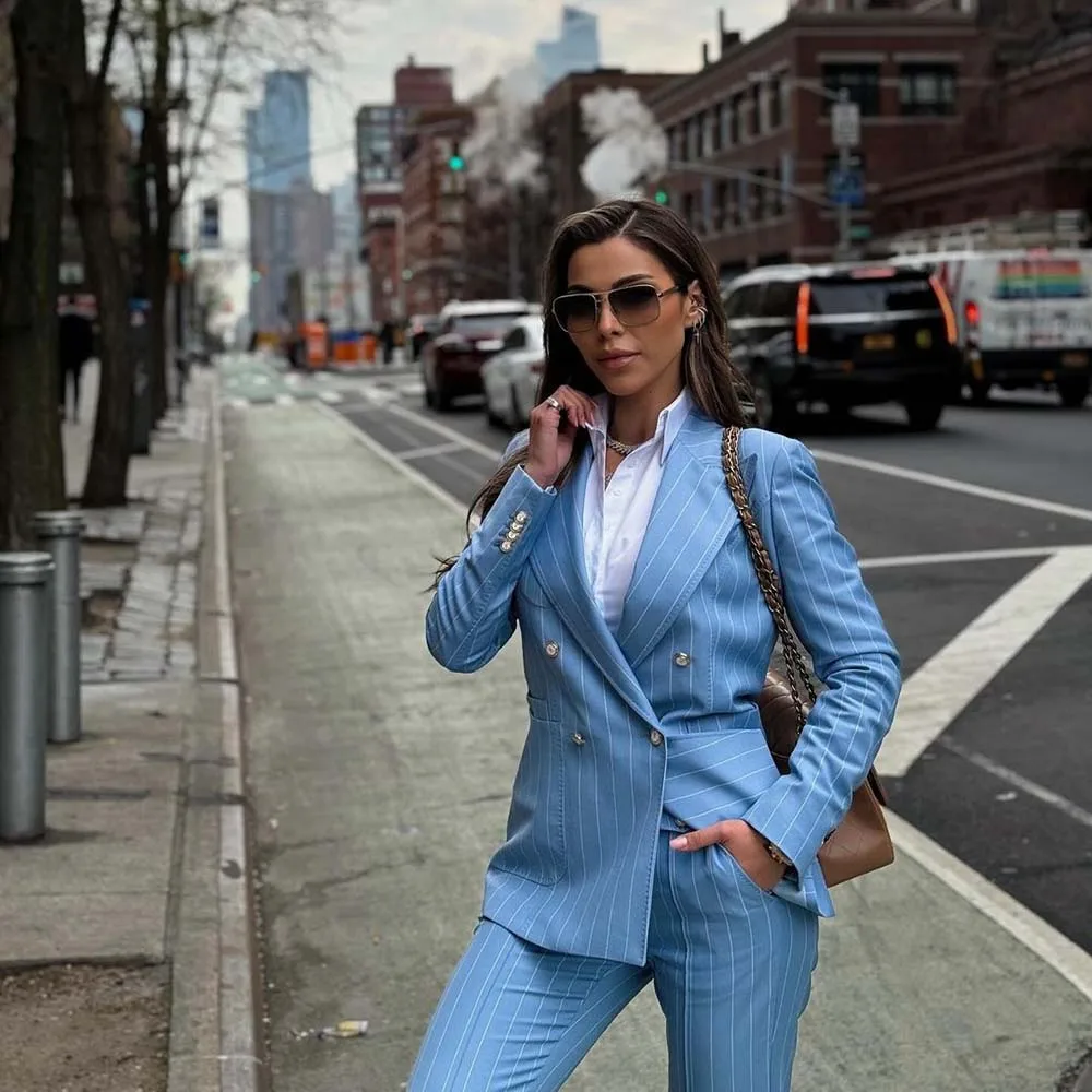 Blue Pinstripe Women Suits Double Breasted Slim Fit 2 Piece Jacket Pants Sets Elegant Female Clothing 2 Piece Jacket Pants Sets