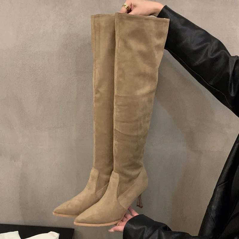 Sexy High Heel Women Knee High Boots Fashion Pleated Slip On Shoes Autumn Winter Ladies Knight Long Booties