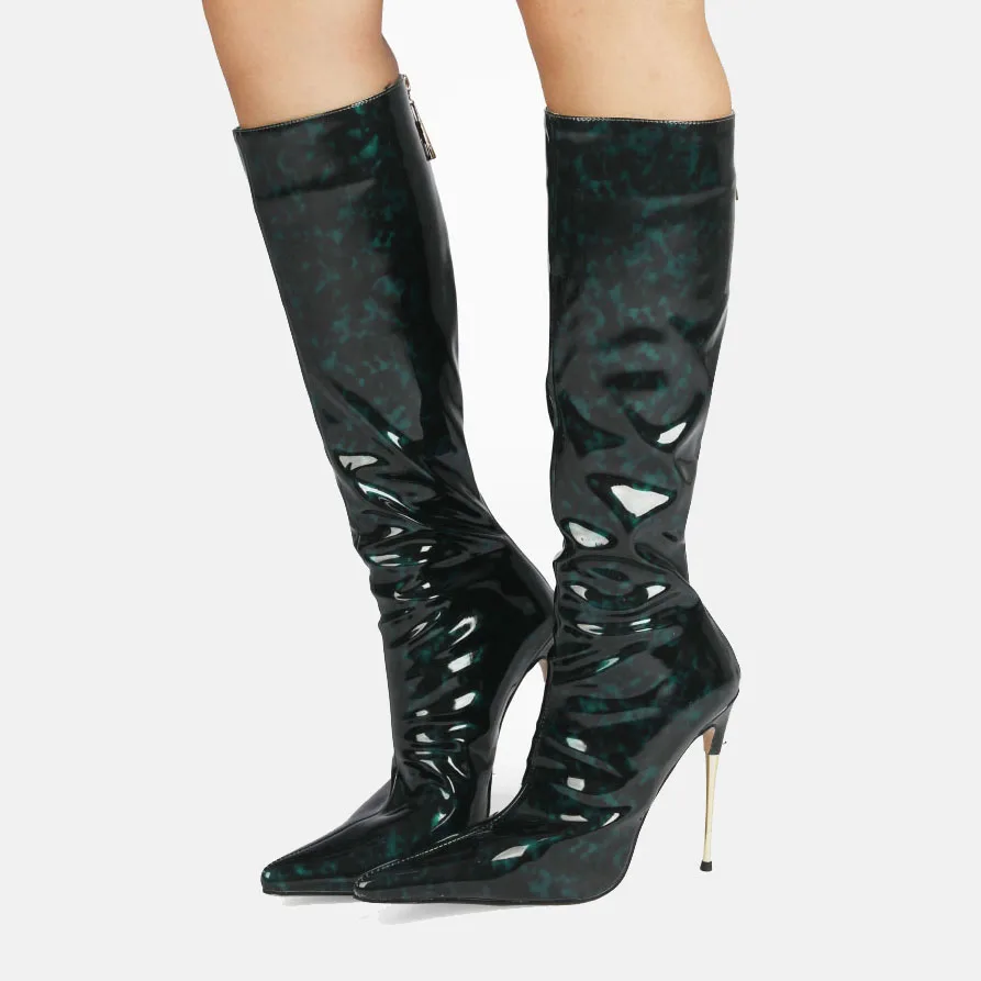 

Arden Furtado Autumn Embossed leather Metal heels Knee high boots Pointed toe Back zipper Super high heel Modern boots