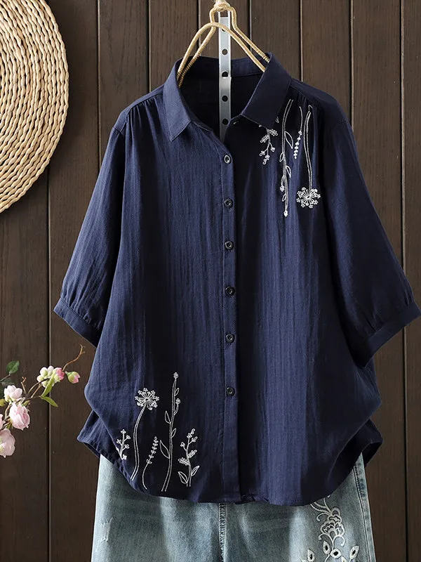Elegant Double Layer Cotton Embroidered Shirt Women's Summer Loose Artistic Five Sleeve Loose Fit Inner Wear Casual Shirt