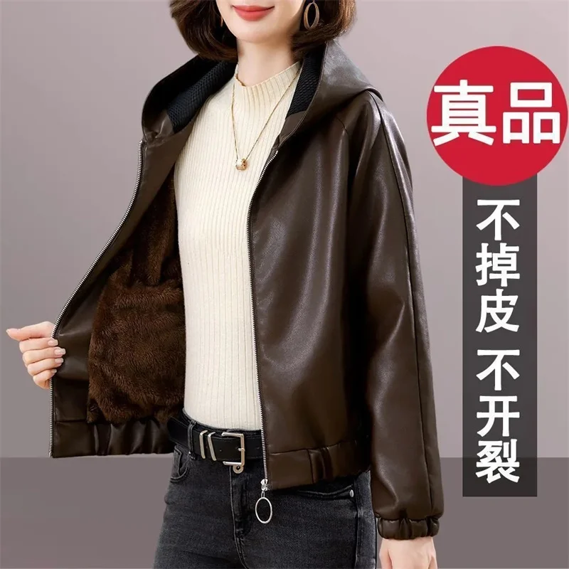 ベルベットPUレザーコート レディース 2025 新作 ファー ジャケット 秋冬 フード付き ルーズ アウター スリム ショート レザージャケット レディース アウター