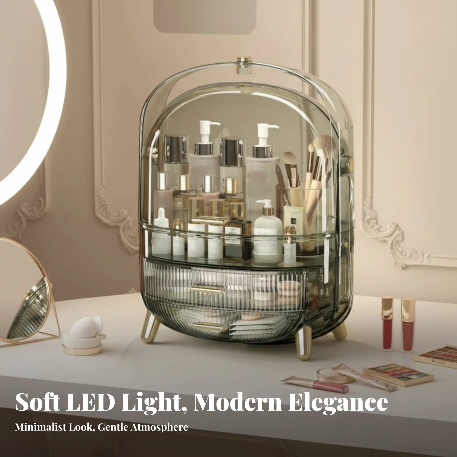 

Косметический органайзер с выдвижными ящиками, большой вместимости, защита от пыли, элегантный дизайн для женщин, для туалетного столика, спальни