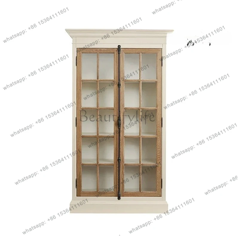 

LXSolid wood floor-to-ceiling bookcase, glass door, dust-proof locker, contrasting color, integrated bookcase against the wallSS