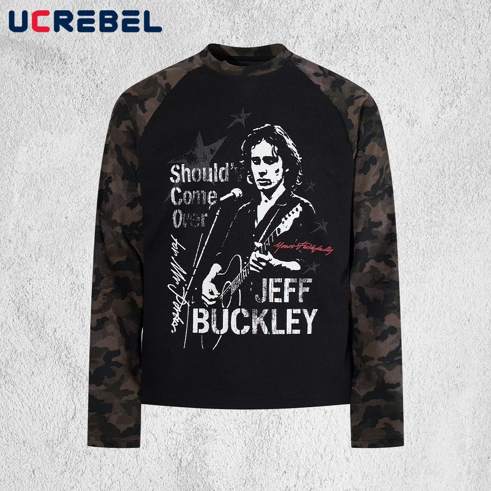 Portrait Print Camouflage Raglan Sleeve T-shirt Mens Streetwear Patchwork Long Sleeve Crew Neck Waffle Texture Tee Man