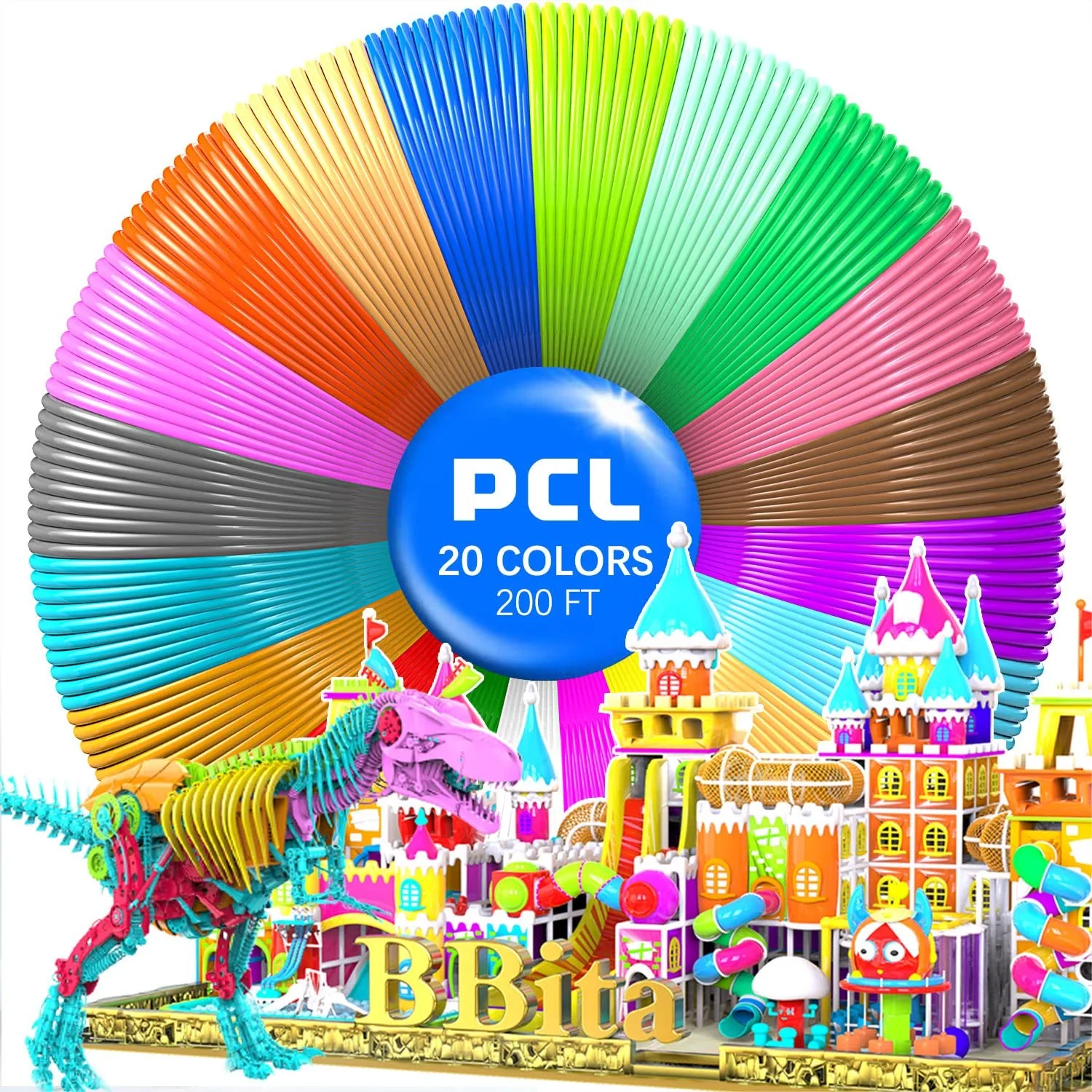 

3D Printing Pen PCL Filament Refills 1.75mm, 20 Colors 200FT, Low Temp 70°C, Non-Toxic, No Clogging