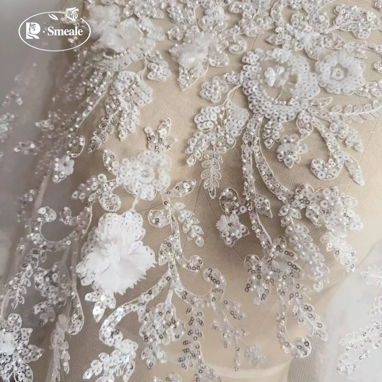 3D-Chiffon-Applikationen-Spitzenstoff mit Glitzernden Pailletten, DIY-Brautkleid, Stoff zum Nähen – Detail 7
