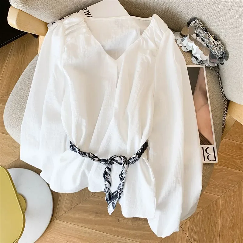 

Women V-Neck Blouse Long Puff Sleeve Ruffled Belted Casual Elegant Long Sleeve Top
