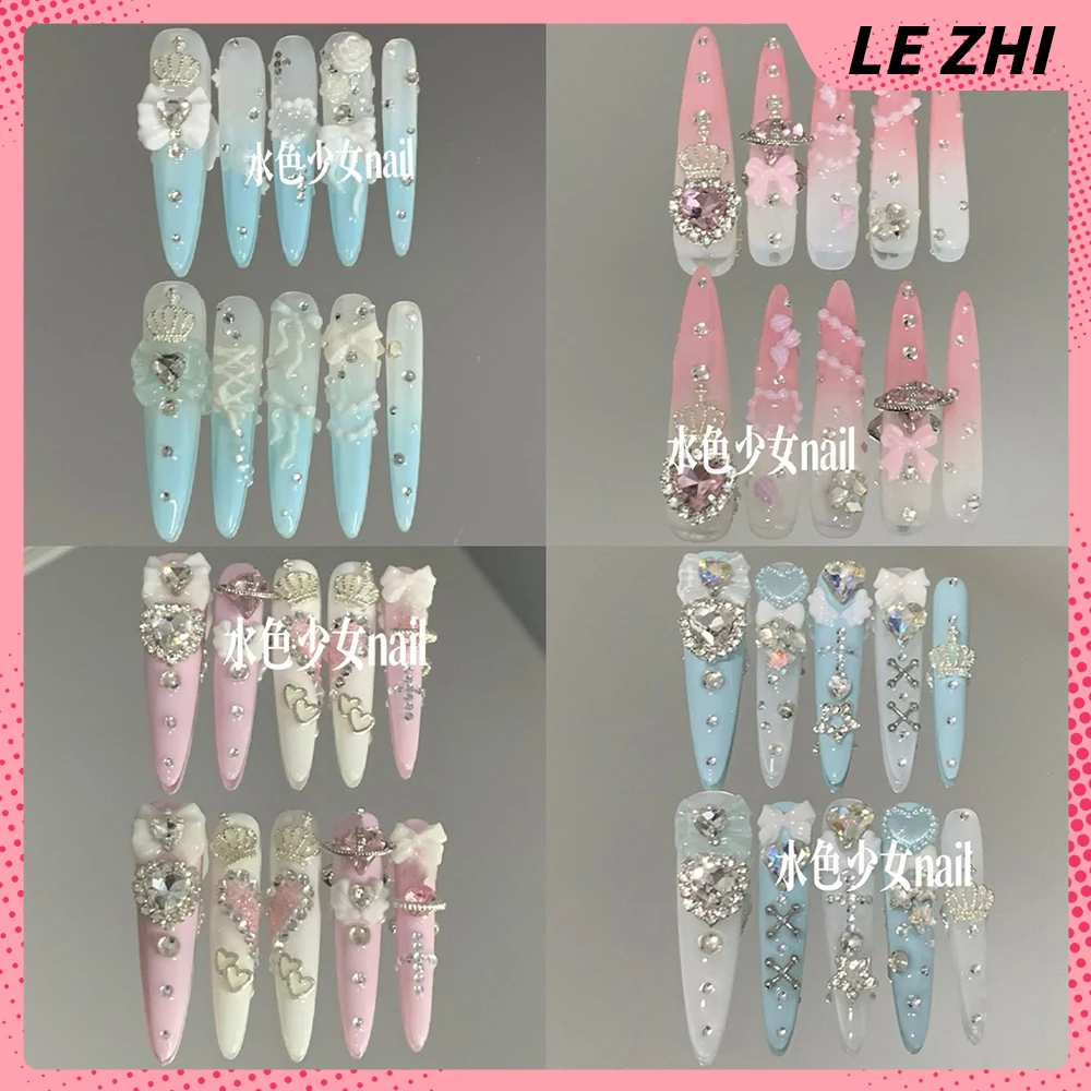 

Sweet Cute Long Stilettos Ellipse Almond Handmade Press On Nails Bowknot Diamond Flower Wings Pearl Shining Stars Fake Nails