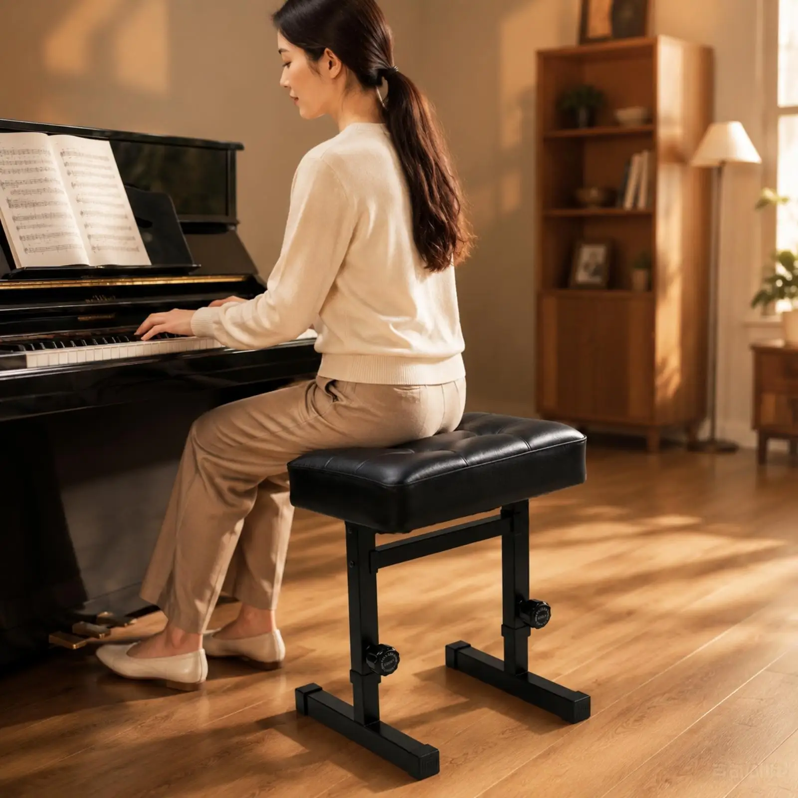 Adjustable Piano for seat with Quilted Cushion and Stable Two Column Base for Pianists Long Sessions