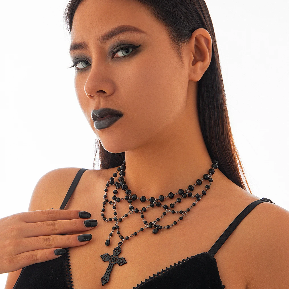 قلادة سلسلة شرابة كريستال سوداء متعددة الطبقات من القوطي للنساء ، قلادة مسيح كلاسيكية كبيرة ، مجوهرات الهالوين #2