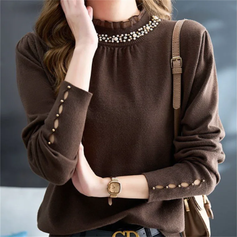 

Lace Pullover Women Sweater Edging Knitwear Base Tops Beaded Hollowed-out Knit Sweater Autumn Winter Long Sleeve Ladies Sweater