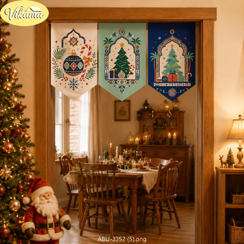 VIKAMA Christmas Triangle Bunting, Moroccan Boho-Style Printed Triangle Bunting, Christmas Party Home Decor