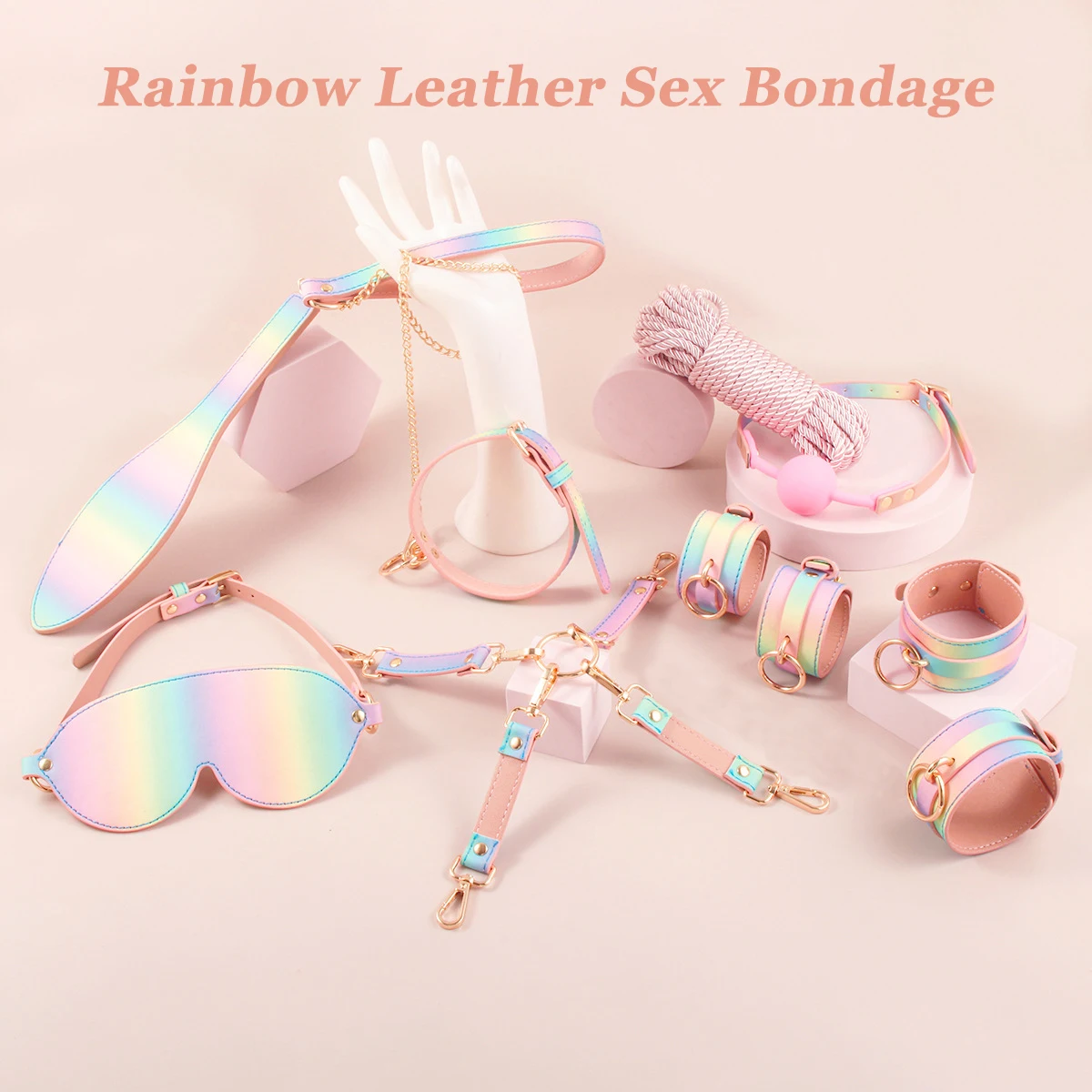 مجموعة SM Bondage الفاخرة للنساء ألعاب جنسية أصفاد جلدية بألوان قوس قزح/طوق العينين/طوق/غطاء عبودية جنسية الوثن للأزواج BDSM لعبة #1
