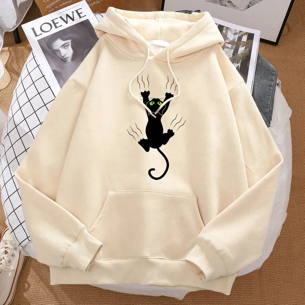 Sudadera con capucha para hombre con estampado de gato negro travieso, cómoda sudadera con capucha de hip-hop de dibujos animados y sudadera Harajuku