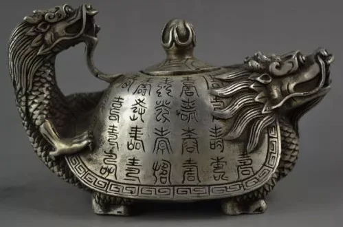 collectable Decorated Old Handwork Tibet Silver Carved Dragon Tortoise Tea Pot