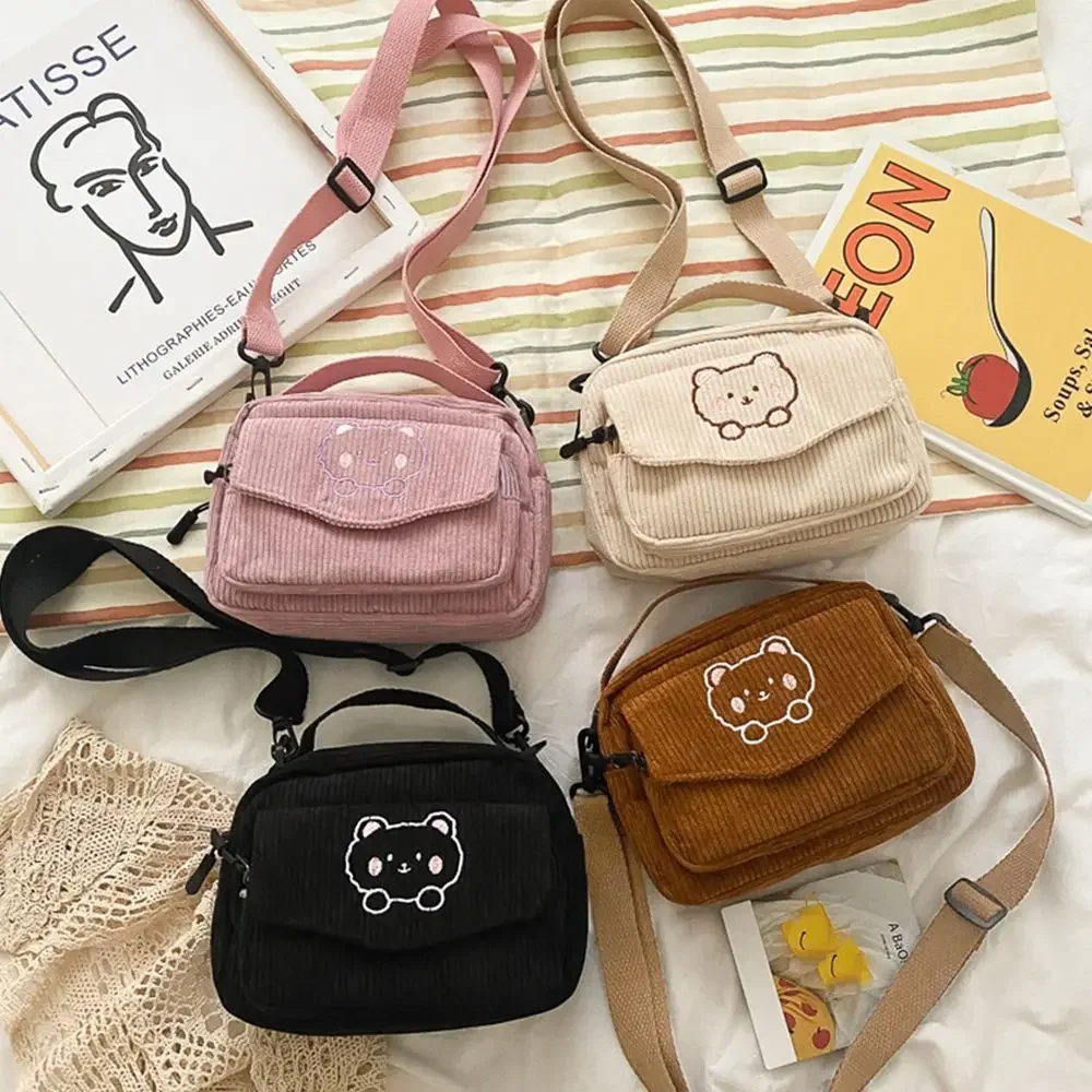 2024Hot Women Canvas Zipper Bag Preppy Style Student Tote Shoulder Messenger Bag Small Corduroy Bag Satchel Travel Purse Handbag