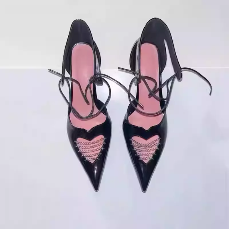 

Women's Patent Leather Pointed Toe Stiletto Heels Heart Cutouts Metal Chains Lace-Up Design Pumps