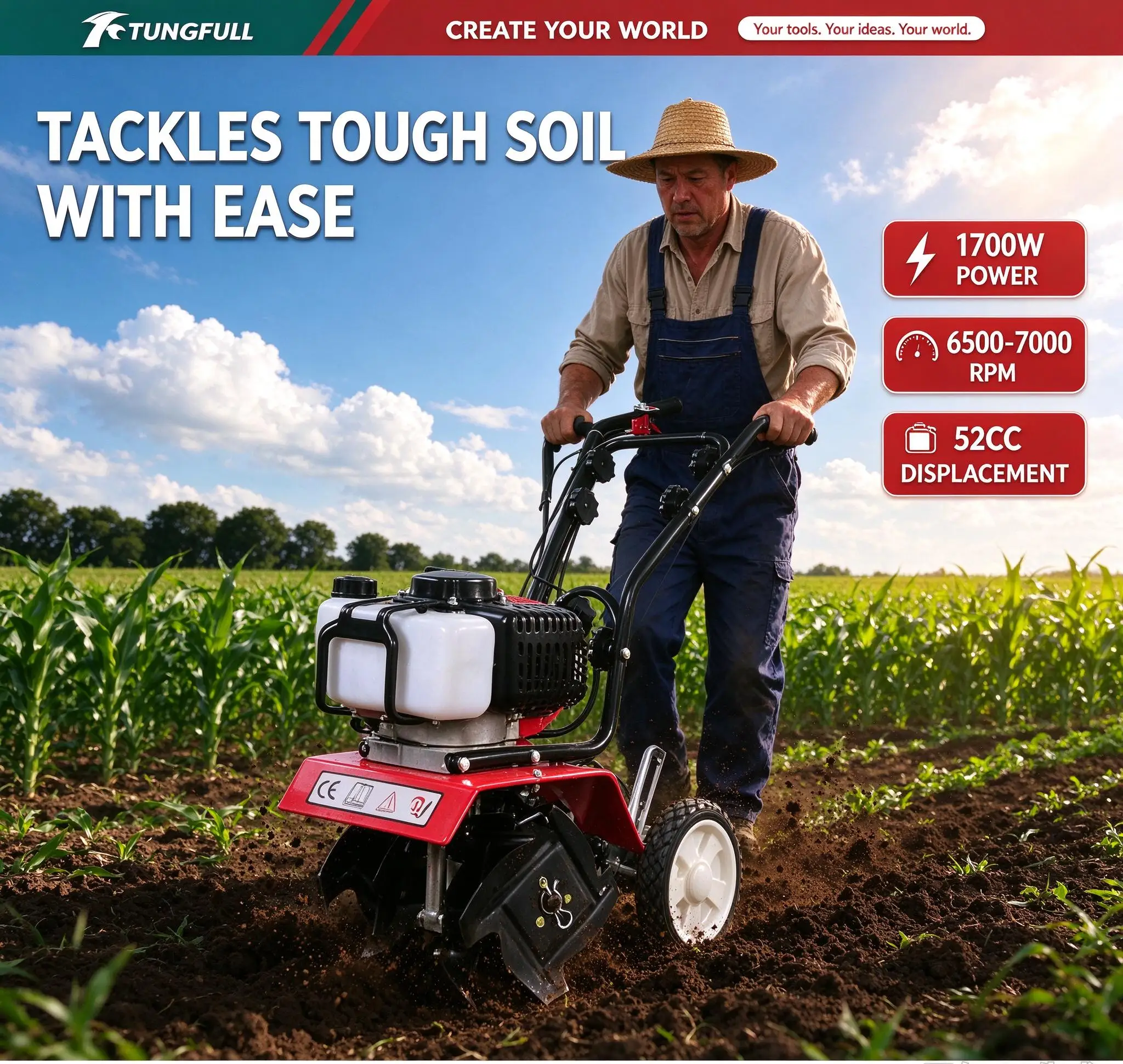 TUNGFULL 2 Stroke 4 Stroke Petrol Mini Micro Tiller Hand Push Rototiller Agricultural Soil Cultivator for Farm Tilling