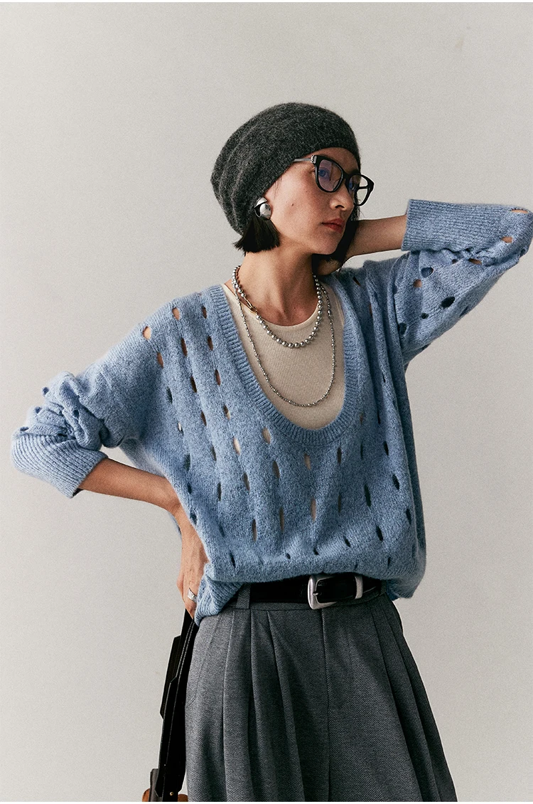 Lazy and beautiful, French big U-neck hollow sweater, fixed spinning wool cashmere fancy yarn+vest