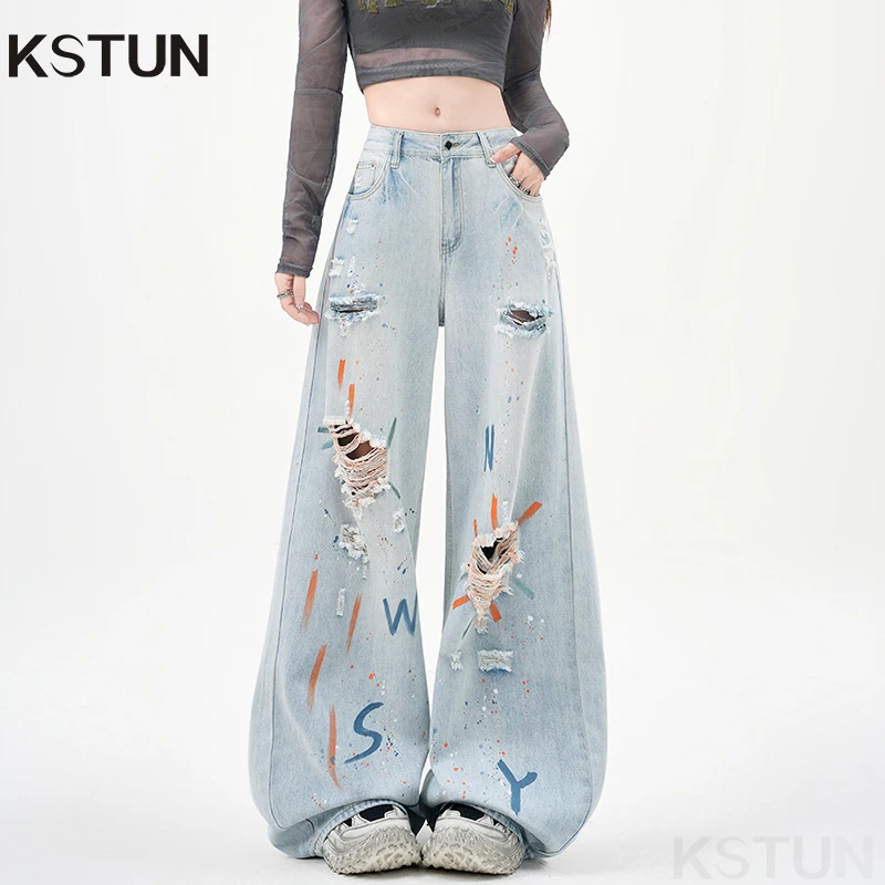 

KSTUN 2026 Summer Distressed Jeans Women Wide Leg Ripped Hip Hop Jeans Streetwear Hollow Out Hot Girls Painted Design Trousers