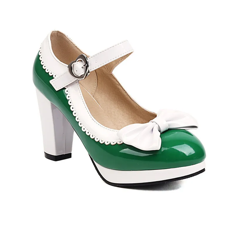 

Femme Green Yellow Pumps With Platform 7cm Patchwork Sweet High Heeled Shoes With Buckle Strap Wide Fitting Tacon De Mujer 48-33