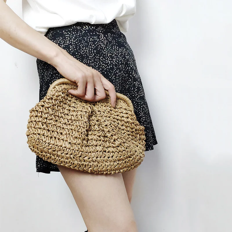 Summer Fashion Women Clip Clutch Bag Straw Weave Wallet Ladies Chain Shoulder Crossbody Bags Hot Pink Beach Bags Small Handbag